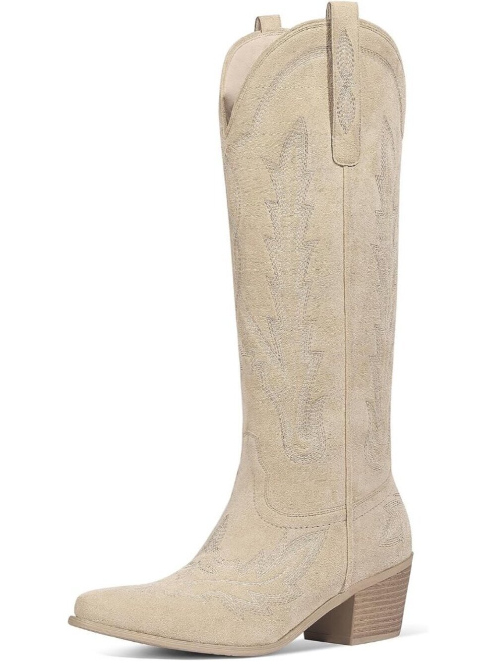 Women's Beige Knee High Classic Embroidered Pull On Pointed Toe Chunky Heel Boot